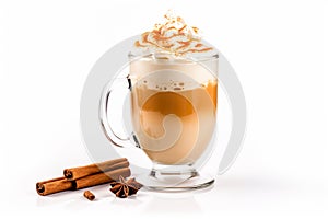 Seasonal pumpkin spice latte in mug on white background