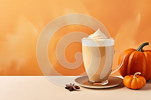 Seasonal pumpkin spice latte on orange background