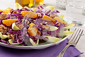 Seasonal salad of red cabbage, endive and orange fruit