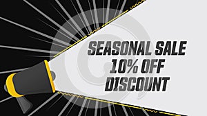 Seasonal sale 10 percent off. Megaphone in promotion banner. Discount concept. Advertising, marketing speech. 4K video