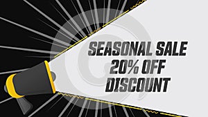 Seasonal sale 20 percent off. Megaphone in promotion banner. Discount concept. Advertising, marketing speech. 4K video