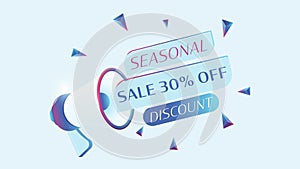 Seasonal sale 30 percent off text with 3d realistic megaphone animation. Megaphone sign banner for promo video. Discount