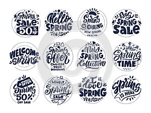 Seasonal sale black ink lettering vector logos set. Spring sellout promotional retro style stickers