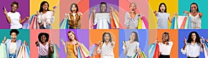 Seasonal Sales. Excited Multiethnic Females Holding Shopping Bags And Pointing At Camera