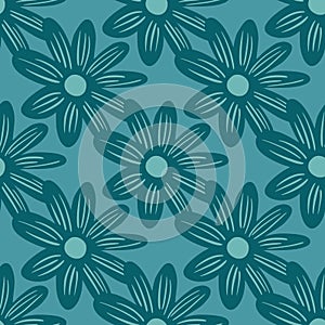 Seasonal seamless pattern with decorative daisy flowers print. Blue background. Blossom ornament