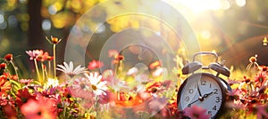 Seasonal shift alarm clock amid summer blooms and autumn leaves as daylight saving time ends