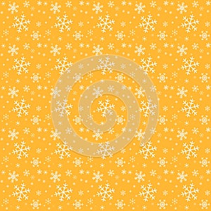 Seasonal snowflake orange - golden background with white flakes, endless vector pattern