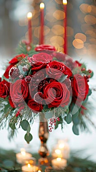 Seasonal sophistication Red roses embellish the winter wedding decor elegantly