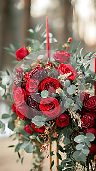 Seasonal sophistication Red roses embellish the winter wedding decor elegantly