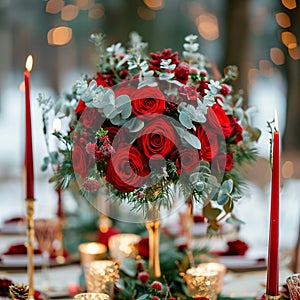 Seasonal sophistication Red roses embellish the winter wedding decor elegantly