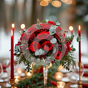 Seasonal sophistication Red roses embellish the winter wedding decor elegantly