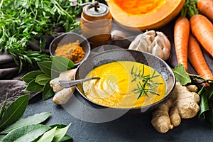 Seasonal spicy fall autumn creamy pumpkin and carrot soup