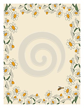 Seasonal spring hand drawn frame raster background.Summer decorative box or border with daisies, cute bee and place for text.