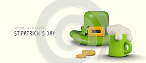 Seasonal St. Patrick Day header. Traditional leprechaun hat, beer mug, clover, gold coin