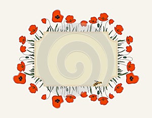 Seasonal summer hand drawn frame vector background.Botanical decorative box or border with poppies, cute bee and place for text.