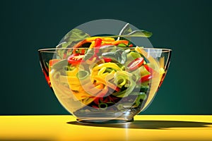 Seasonal summer vegetable salad in a glass bowl. Vegan organic food, dietary meal in a rustic style