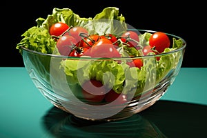 Seasonal summer vegetable salad in a glass bowl. Vegan organic food, dietary meal in a rustic style