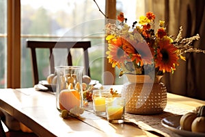 Seasonal table setting with pumpkins and flowers