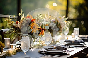 Seasonal table setting with pumpkins and flowers