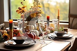 Seasonal table setting with pumpkins and flowers