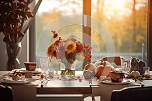 Seasonal table setting with pumpkins and flowers