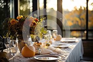 Seasonal table setting with pumpkins and flowers