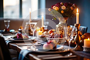 Seasonal table setting with pumpkins and flowers