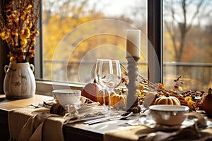 Seasonal table setting with pumpkins and flowers