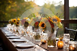 Seasonal table setting with pumpkins and flowers