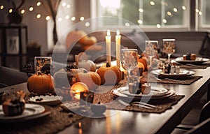 Seasonal table setting with pumpkins and flowers