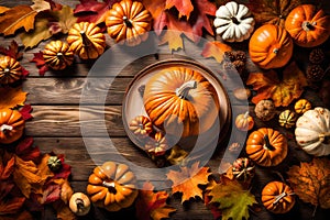 A seasonal table setting for Thanksgiving Day, showcasing pumpkins, autumn leaves, and decorative elements arranged on a wooden