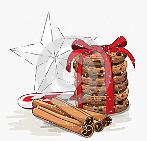 Seasonal theme, stack of brown cookies, christmas candy cane, cinnamon sticks and abstract white star, illustration