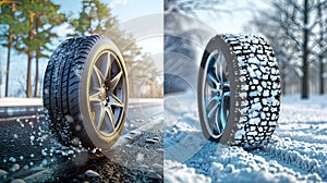 Seasonal Tire Change Concept. Summer vs Winter Driving. Safe Travel, Weather Conditions. Vehicle Maintenance Tips. High