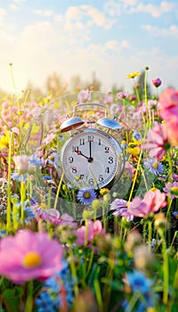 Seasonal transition alarm clock with summer flowers and autumn leaves as daylight saving time ends