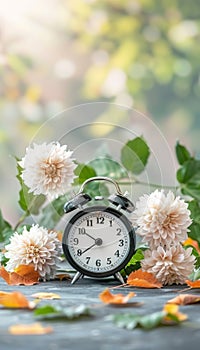 Seasonal transition alarm clock among summer flowers and autumn leaves as daylight saving time ends