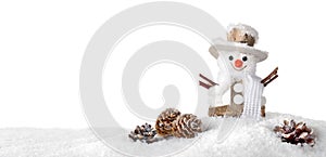 Seasonal white background with happy snowman