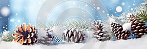 Seasonal winter Christmas bow background. Fir tree and pinecones in the sparkling snow. Outdoor icy frozen spruce pine branch.