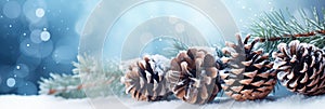 Seasonal winter Christmas bow background. Fir tree and pinecones in the sparkling snow. Outdoor icy frozen spruce pine branch.