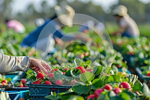 Seasonal Workers Harvesting Strawberries in Field During Peak Season