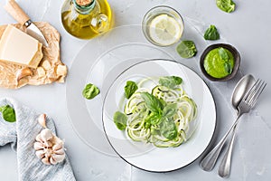 Seasonal zucchini spaghetti pasta noodles with spinach pesto sauce