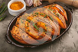 Seasoned baked batat, aromatic spices, golden crust, mouthwatering side dish