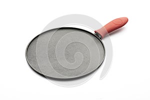 Seasoned Cast Iron Pan on White Background with Red Silicon Handle Grip