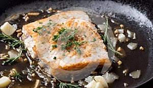 Seasoned Fish Fillet Cooking in Pan with Fresh Herbs