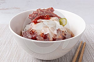 Seasoned naengmyeon with semi-dry seasoned Alaska pollock