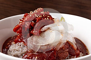 Seasoned naengmyeon with semi-dry seasoned Alaska pollock