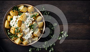 Seasoned Potatoes with Parsley on Wooden Table and Background, Copy Space