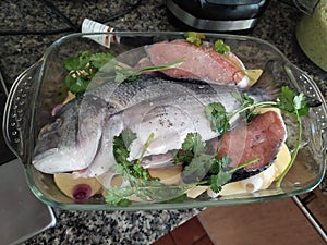 A seasoned raw fish. Pescados crudos aliÃ±ado