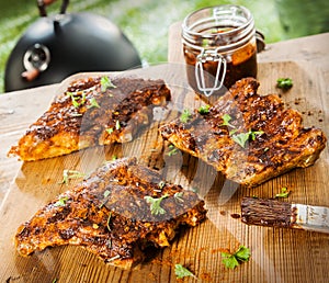 Seasoned ribs on a picnic table at a BBQ