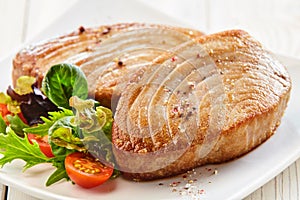 Seasoned Tuna Steaks on Plate with Fresh Salad