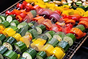 seasoning colorful vegetable kabobs before grilling